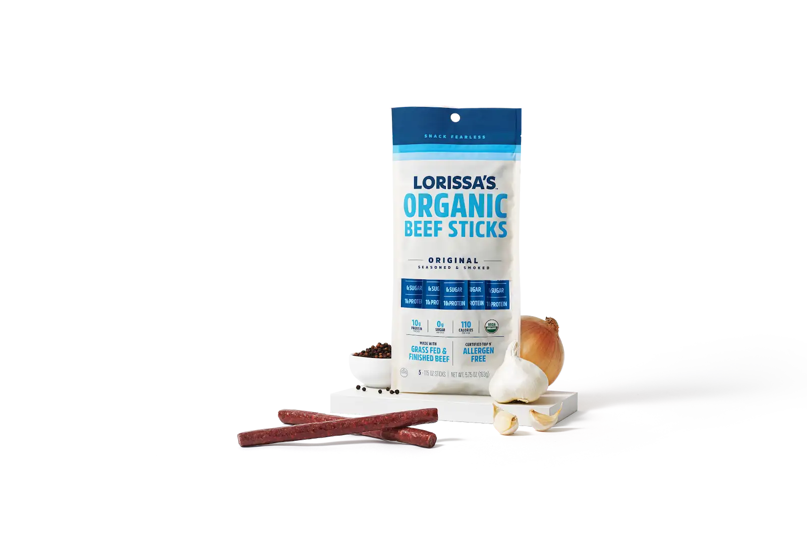 Lorissa’s Organic Original beef sticks five-count bag